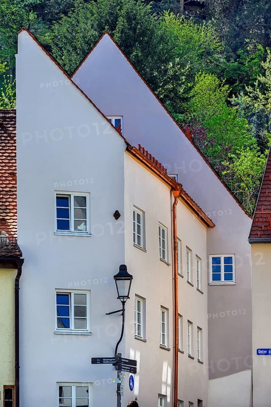 Quirky pointed gable facades, Kaufbeuern, Allgaeu, Swabia, Bavaria, Germany, Europe