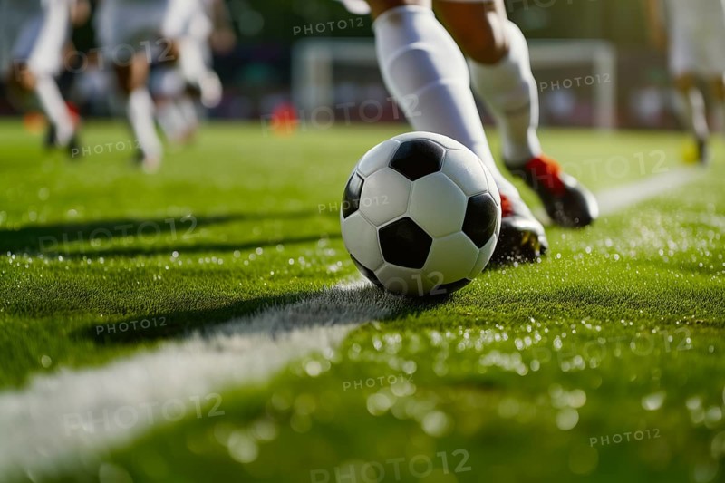 A soccer player kicks a ball on a football stadium field during game, AI generated