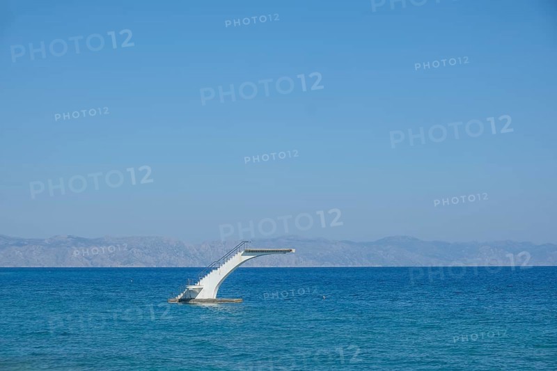 Free-standing diving tower in the sea, Rhodes, Dodecanese archipelago, Greek islands, Greece, Europe