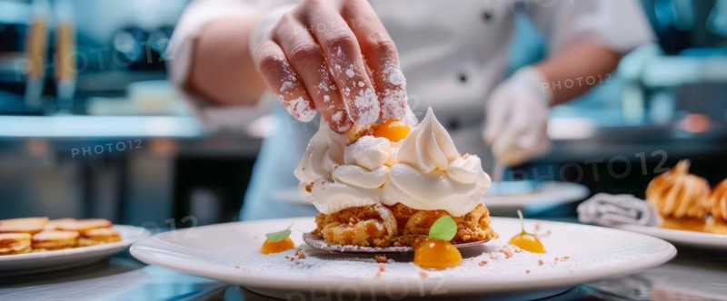 Chef is decorating a dessert with berries and other delicious additions of sweets and whipped cream, AI generated