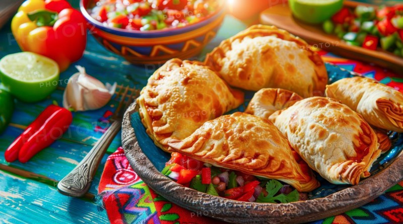 Tasty empanadas on a plate with colorful Mexican cloths as a background. National mexican food, AI generated