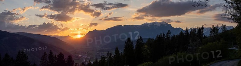 Sunset over the Liesingtal, in the evening light the village Kraubath, Schoberpass federal road, panoramic view, view from the lowlands, Leoben, Styria, Austria, Europe