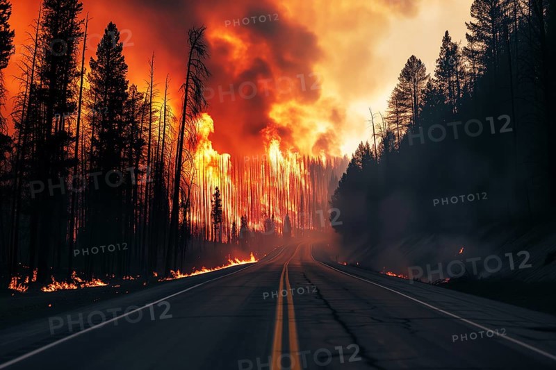 A forest wildfire is raging through a wooded area with road. Trees are on fire and flames are spreading quickly. Air is thick with smoke, AI generated