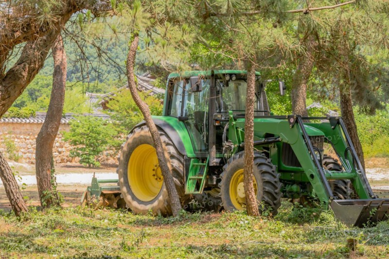 Green tractor with yellow wheels parked in shade of grove of trees in South Korea