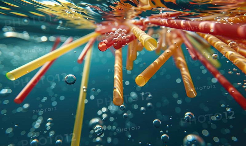 Discarded plastic straws floating in ocean currents AI generated