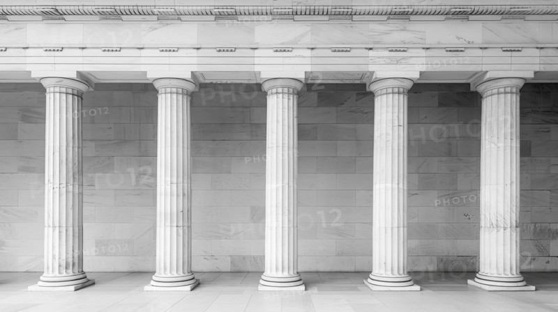 Greyscale image of a row of classical columns in a symmetrical arrangement, AI generated