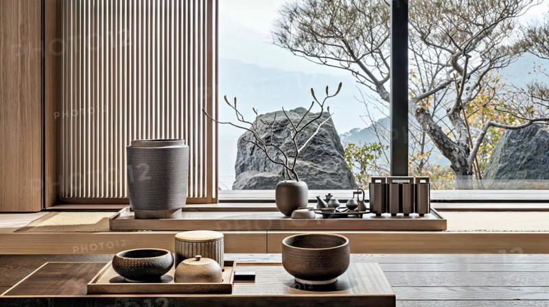 A modern reinterpretation of the classic Japanese tea ceremony and a minimalist interior that gives the traditional rituals of hospitality and grace a contemporary twist, tea service, Japan, AI generated, AI generated, Asia