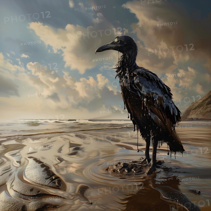 A Bird covered in oil on the beach, surrounded by sand patterns, radiates loneliness, AI generated