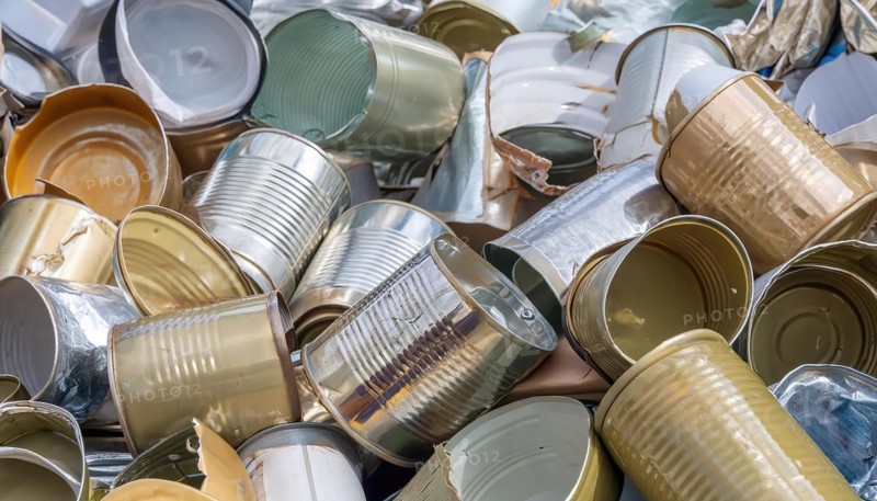 Symbol photo, waste, a large amount of empty open broken tinplate cans, AI generated, AI generated