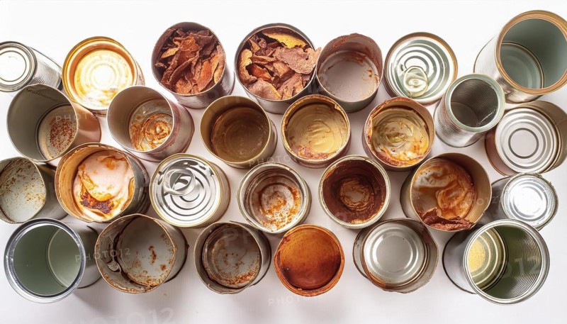 Symbol photo, many empty tin cans, partly crushed, rusty, dirty, on a white background, AI generated, AI generated