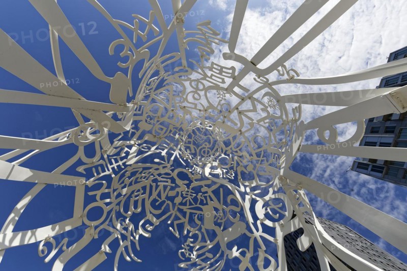 Public art, frog perspective of source sculpture by Jaume Plensa, Montreal, Province of Quebec, Canada, North America