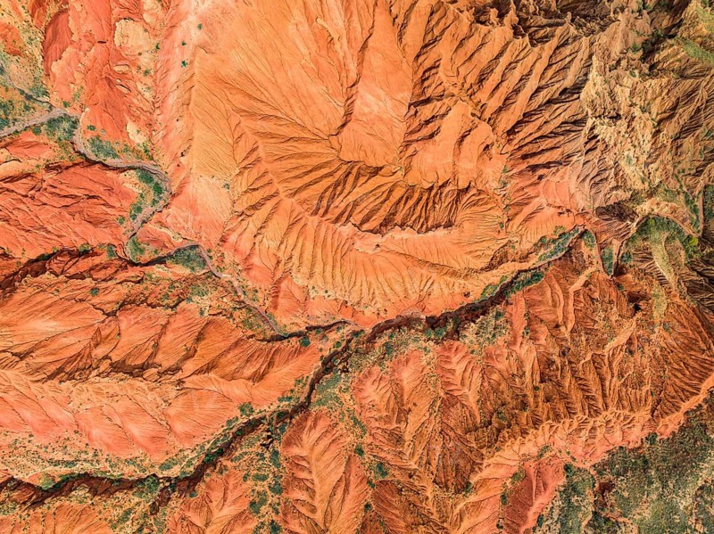 Top Down View, Badlands, canyon with eroded red sandstone rocks, Konorchek Canyon, Boom Gorge, aerial view, Kyrgyzstan, Asia