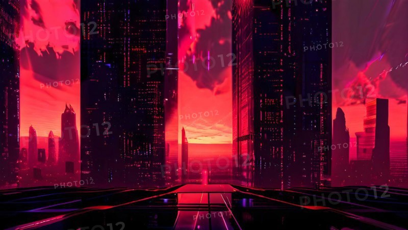 AI generated illustration of a cityscape with skyscrapers and holographic elements in red color tones