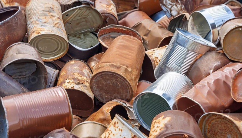 Symbol photo, waste, a large quantity of empty open rusted tinplate cans on a heap, AI generated, AI generated
