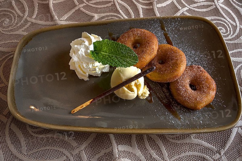 Apple cakes with vanilla ice cream served in a pub, Franconia, Bavaria, Germany, Europe