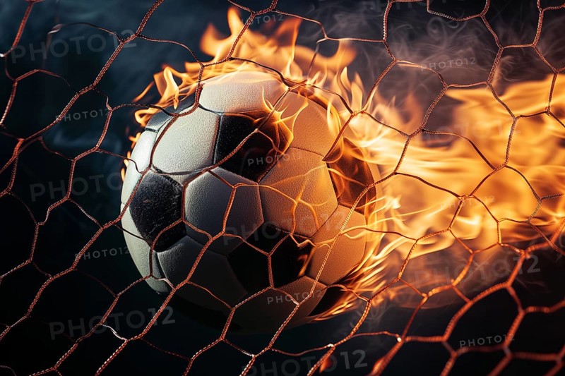 Soccer concept, a burning soccer ball is in the air entering goal net, AI generated