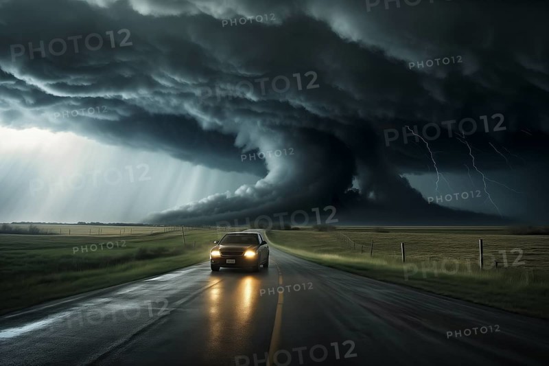 Disaster catastrophe storm concept, tornado in a field in the USA with car on road escaping tornado in field under stormy dark sky, AI generated