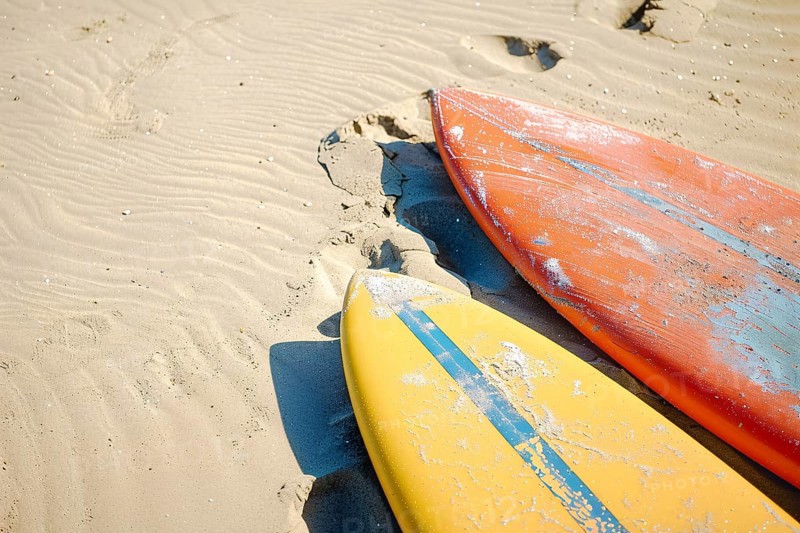 Two surfboards lying on beach. KI generiert, generiert, AI generated