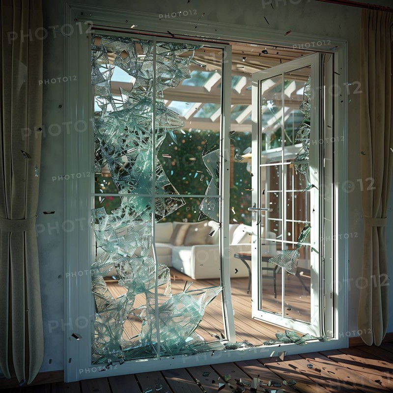 Broken glass on a patio door indicates a break-in, AI generated
