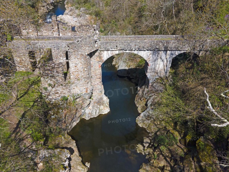 Historic bridge with an arch over a river, embedded in a natural landscape, Bridge of the Devil, Pont de Diable, Romanesque stone bridge, Ariege river, Montoulieu, Ariege, France, Europe