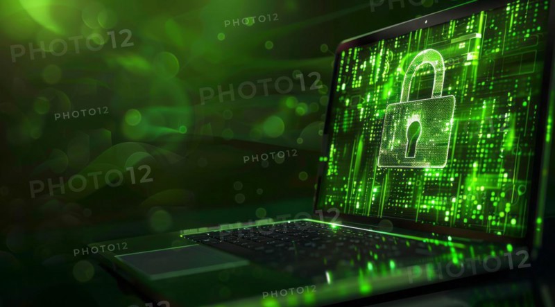 A laptop with a padlock on the screen, concept of cyber security, computer security and protection, AI generated