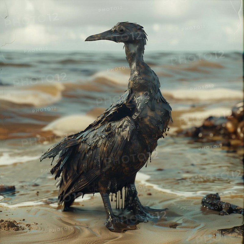 A lone Bird covered in oil stands on the beach, an image of grief and isolation, AI generated