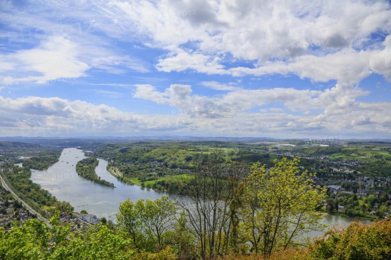 View from the Drachenfels, mountain in the Siebengebirge to the Rhine with Nennenwerth Island between Koenigswinter and Bad Honnef, North Rhine-Westphalia, Germany, Europe