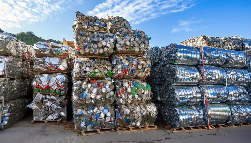 Symbol photo, many empty tin cans, pressed and bundled into bales in a recycling plant, AI generated, AI generated