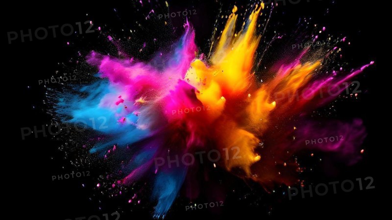 Rainbow-colored holi powder explosively dispersing against a black background, AI generated