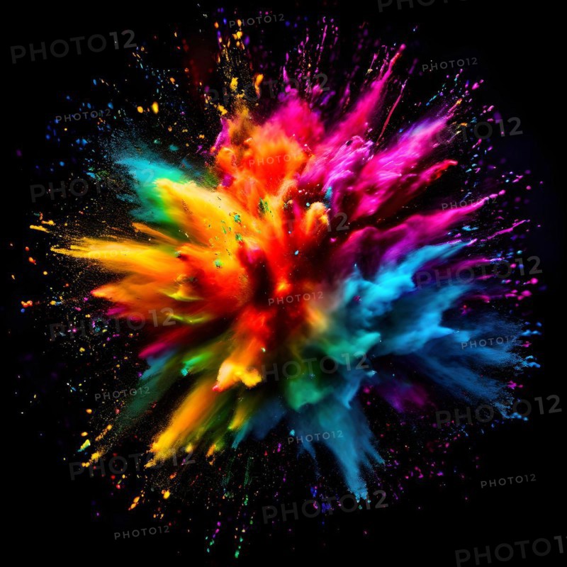 Rainbow-colored holi powder explosively dispersing against a black background, AI generated