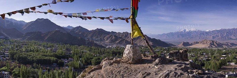 Panorama over Leh and the Namgyal Tsemo Gompa monastery on Tsenmo Hill, a viewpoint over Leh, Ladakh, Jammu and Kashmir, India, Asia