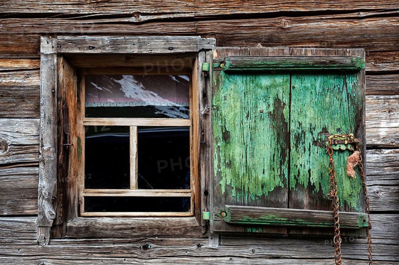 Window with shutter, Naturalpe Gemstel-Schoenesboden-Alpe, Gemsteltal, Mittelberg, Kleinwalsertal, Vorarlberg, Allgaeu Alps, Austria, Europe