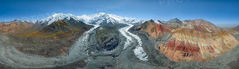 Aerial view, panorama, high mountain landscape with glacier moraines and glacier tongues, glaciated and snow-covered mountain peaks, Lenin Peak and Peak of the XIX Party Congress of the CPSU, Traveller's Pass, Trans Alay Mountains, Pamir Mountains, Osher Province, Kyrgyzstan, Asia