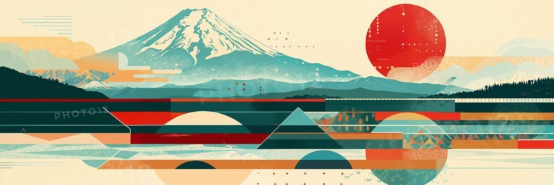 A serene scenery with the impressive Mount Fuji in the distance, surrounded by geometric patterns and abstract shapes inspired by Japanese cultural symbols, creating a harmonious balance between nature and human creativity, Japan, AI generated, AI generated, Asia