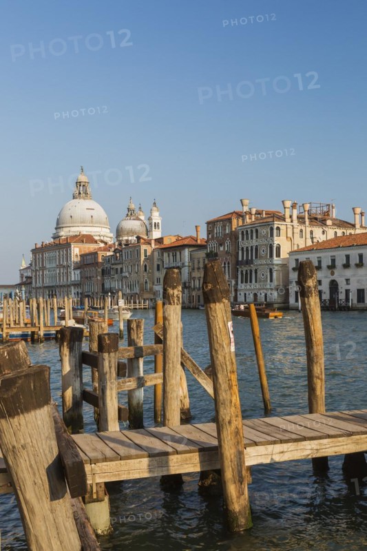 Trinita pier and mooring posts on Grand Canal with Renaissance architectural style palace buildings and Santa Maria della Salute basilica in Dorsoduro, Venice, Veneto, Italy, Europe