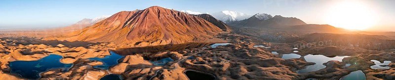 Aerial view, high mountain landscape with glacial moraines and mountain lakes, behind Pik Lenin, Trans Alay Mountains, Pamir Mountains, Osher Province, Kyrgyzstan, Asia