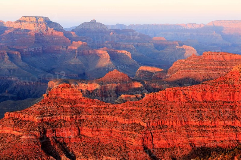 The Grand Canyon presents itself in red and purple colours at dusk, Grand Canyon National Park, South Rim, North America, USA, South-West, Arizona, North America