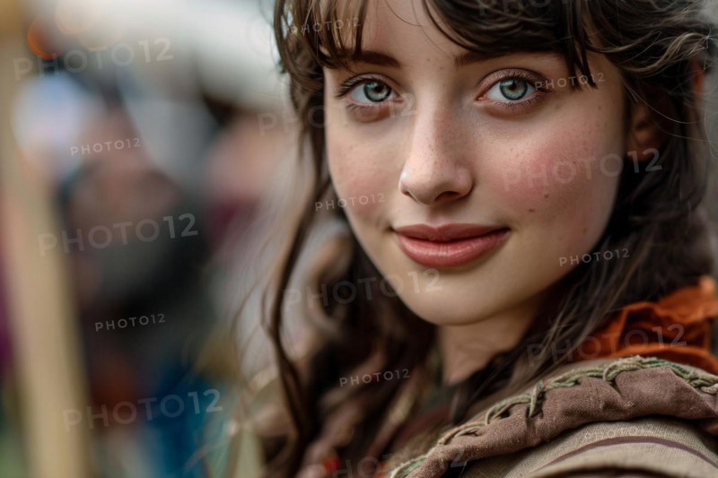 Young woman in medieval style fantasy role playing game costume garment at renaissance fair. KI generiert, generiert, AI generated