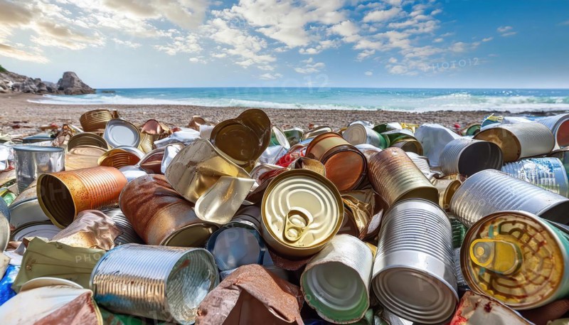 Symbol photo, many empty tin cans, partly crushed, rusty, dirty, lying on the beach, AI generated, AI generated