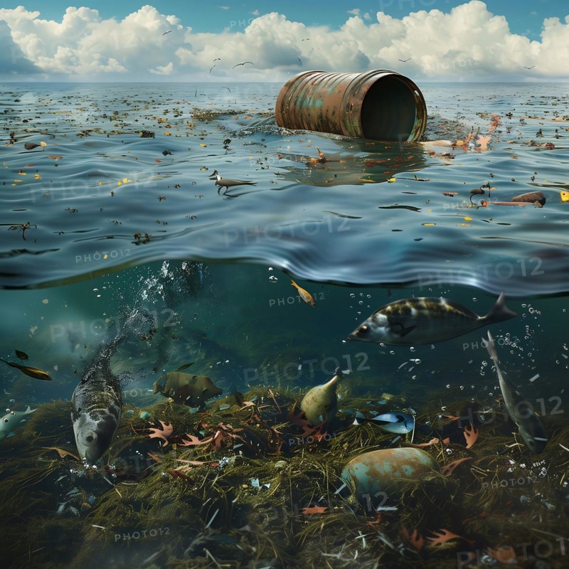 Underwater view of an environmental disaster with dead Fish and sunken barrels, pollution, environmental protection, AI generated