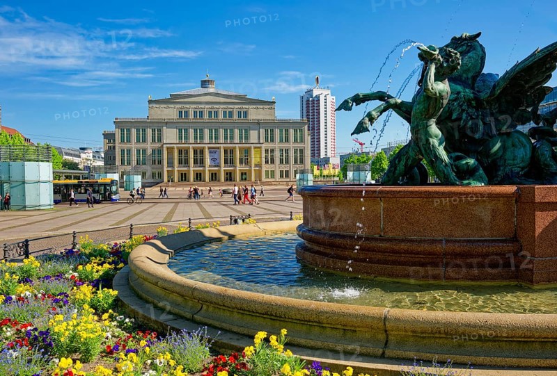Mendebrunnen, Leipzig Opera House and Winter Garden Tower, Augustusplatz, Leipzig, Saxony, Germany, Europe