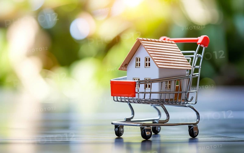 Real estate shopping concept, a house is a shopping cart on blurred bokeh background, AI generated