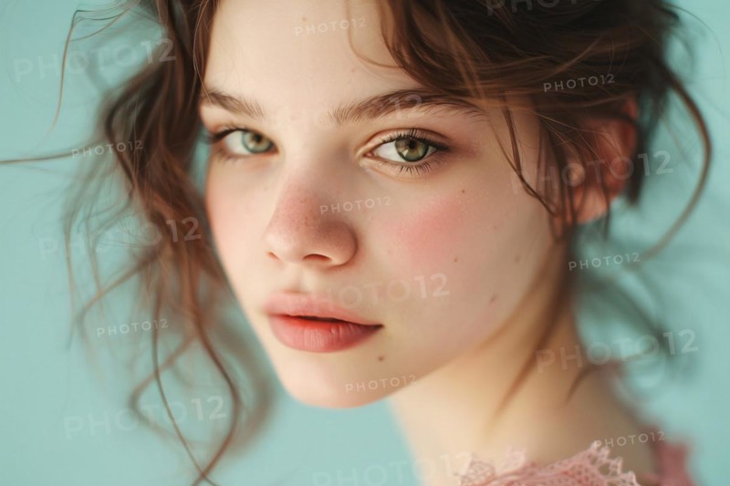 Young beautiful woman on teal blue studio backgorund. KI generiert, generiert, AI generated