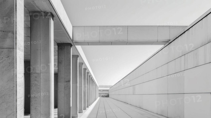 A symmetrical greyscale image of a corridor lined with columns, AI generated