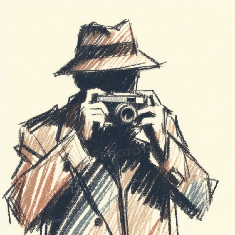 A detective in a trench coat and hat taking a photo captured in a sketch with beige and orange tones, AI generated