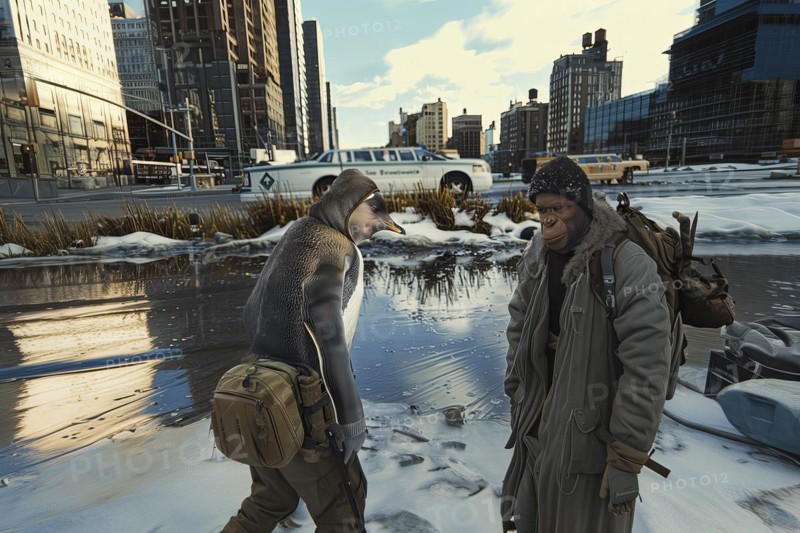 Imaginary interaction between human dressed King penguin and Monkey in a city in a wintery environment, AI generated