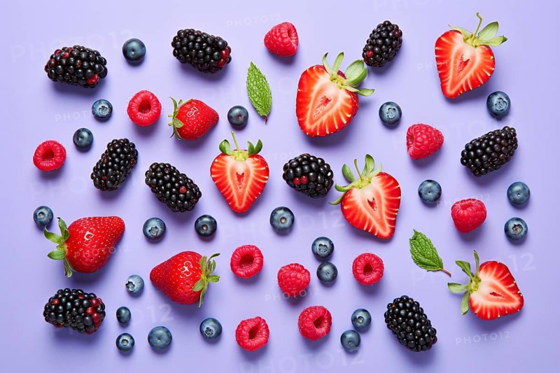 Berry fruit mix on purple background. KI generiert, generiert, AI generated