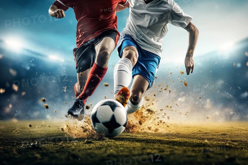 Two soccer players struggle dribble and kick a ball on a football stadium field, AI generated