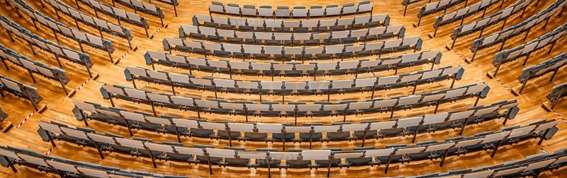 View from above into an empty lecture theatre with rows of seats, interior view, Department of Mechanical Engineering, Technical University of Munich, TUM, Garching, Bavaria, Germany, Europe
