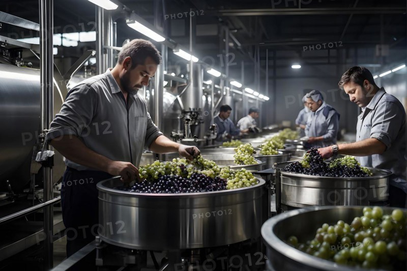 AI generated modern winery production line with workers and fermenting tanks